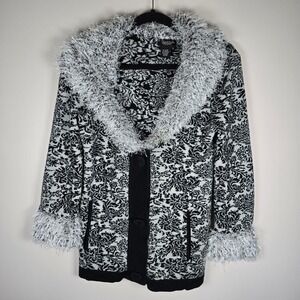 Peck & Peck Collection Sweater Cardigan Black White Floral Fur Trim Button